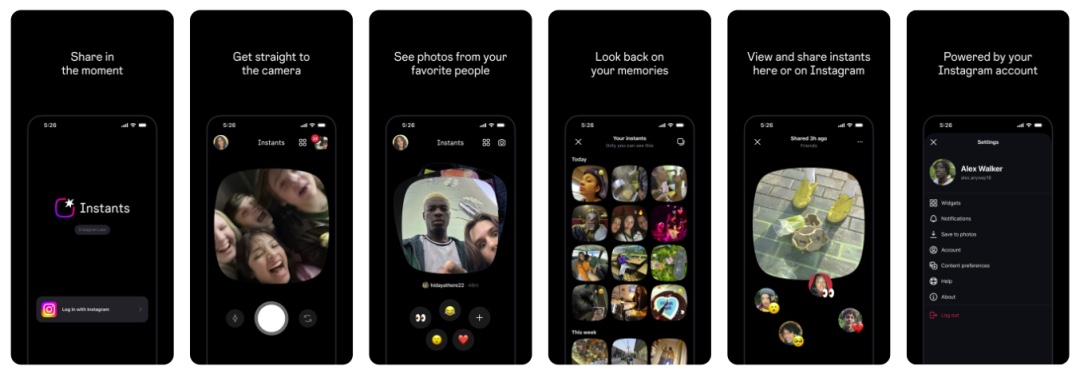 Instants 六联屏官方截图:Share in the moment / Get straight to the camera / See photos from your favorite people / Look back on your memories / View and share instants here or on Instagram / Powered by your Instagram account