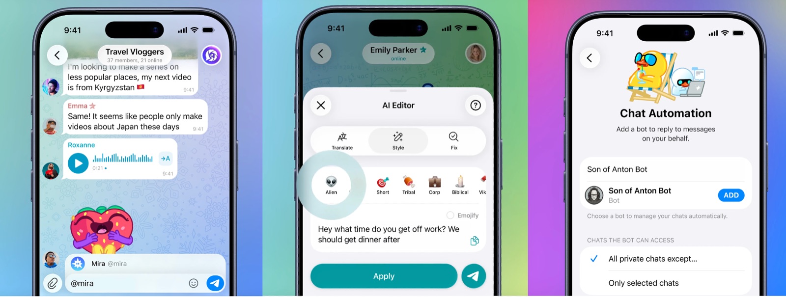 Telegram AI Bot Revolution 三联屏官方截图:群聊里 @mira AI bot 直接回复 / AI Editor 改写文案(Translate / Style / Fix)/ Chat Automation 让 bot 替你回复消息